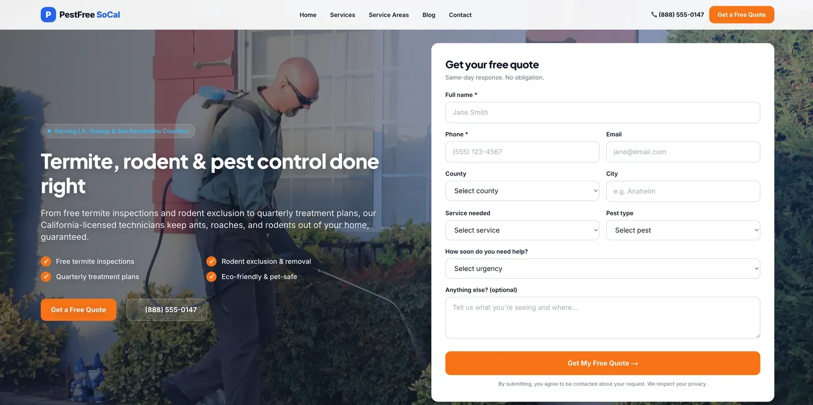 The PestFree SoCal homepage