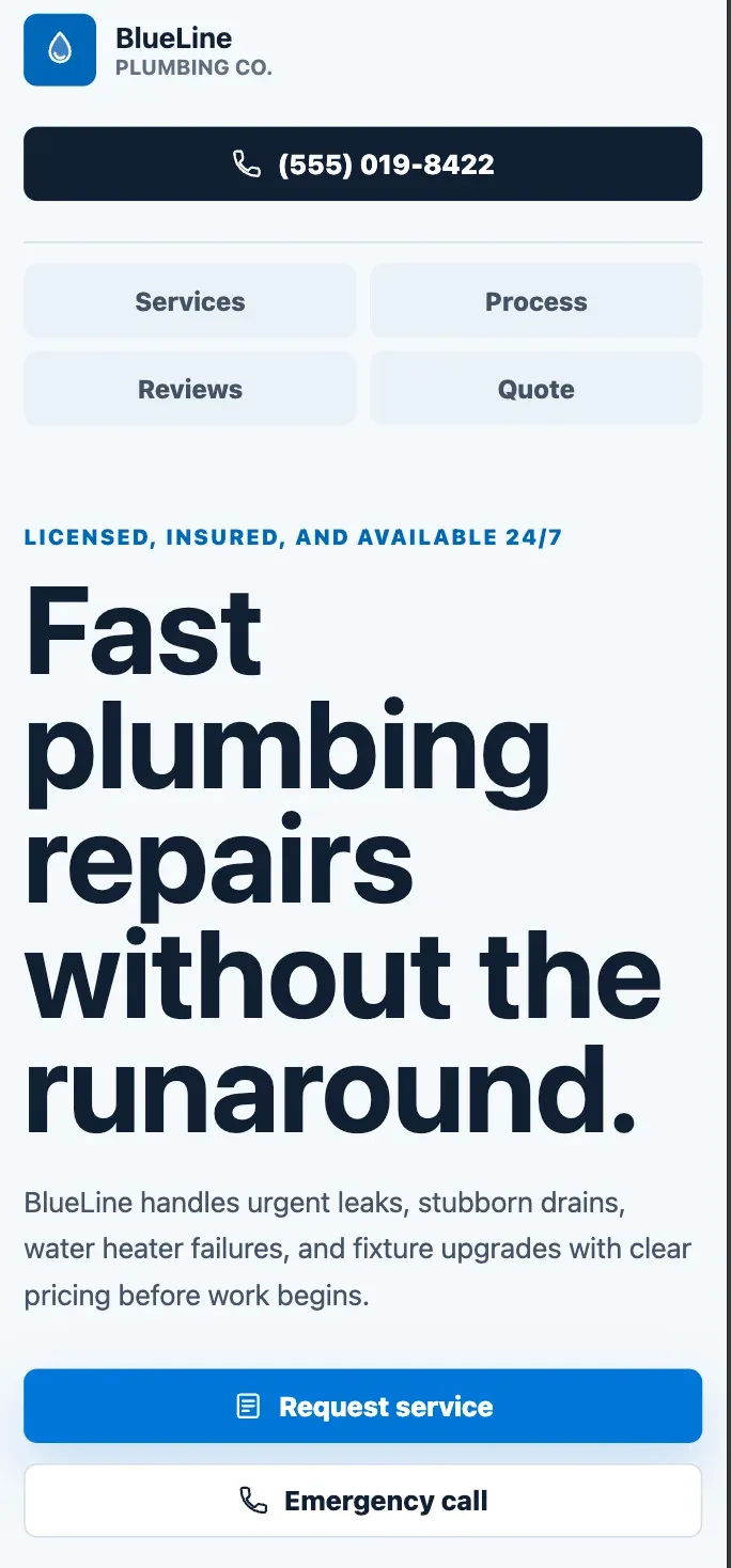 The BlueLine Plumbing Co. homepage on a phone