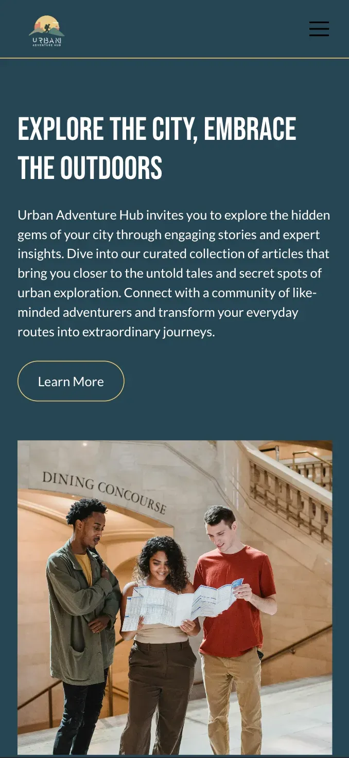 The Urban Adventure Hub homepage on a phone