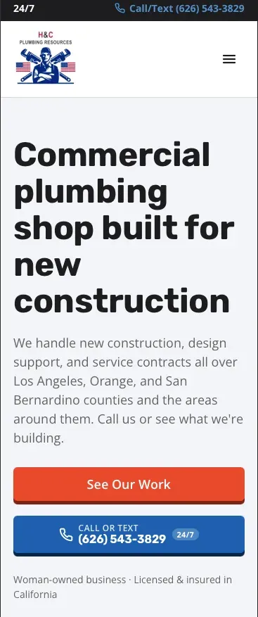 The H&C Plumbing Resources homepage on a phone