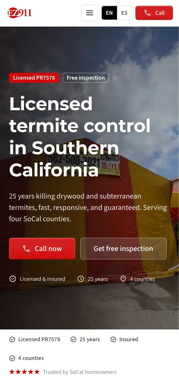 The EZ911 Termites homepage on a phone