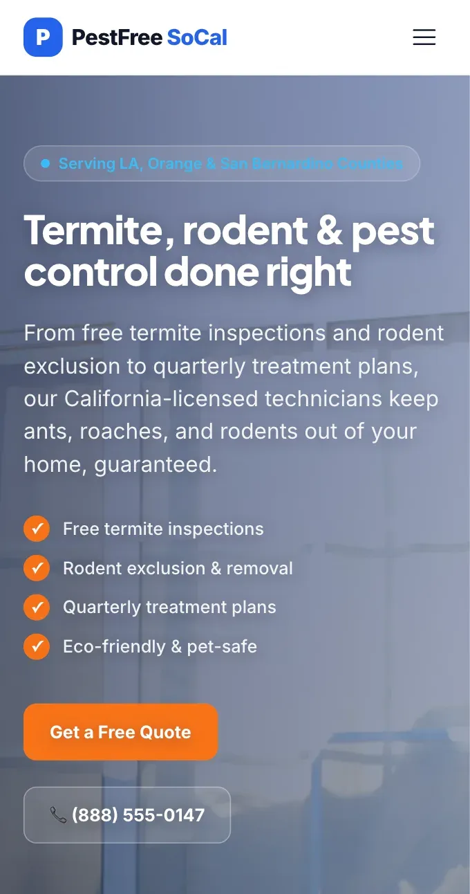 The PestFree SoCal homepage on a phone